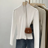 Color Design Feel Minority Long-Sleeved T-Shirt Women's Autumn New Semi-High-Collar Bottomed Shirt Slim V-Collar