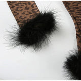 Tie Up Feather Leopard Print Tie Up Top And Mini Skirt Set- Outfit