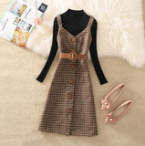 Autumn Winter Woman Long Sleeves Knitted T-shirt + Tweed Blend Plaid Dress 2 pcs sets Female Outfits Free