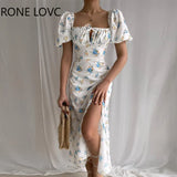 Women Chic Lace Up Short Lantern Sleeves All Over Disty Floral Print Sweet Maxi A-line High Silt Party A-line