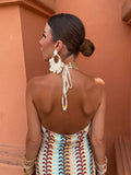 Contrast Embroidery Lace Up Halter Long Dress Women Sexy V Neck Backless Off Shoulder Robe 2024 New Lady Holiday
