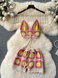 Summer Hollow Out Beach Suits Women Strap Halter Sexy Top+Mini Shorts Fashion Floral Knitted Bohemian Two Pieces