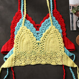 Sexy Bikini Crop Top Women Crochet Boho Beach Camisoles Bikini Bralette Halter Cami Knitted Bra Backless Beachwear Tank
