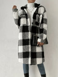 And Winter Buckle Collar Plush Lattice Coat Loose Temperament Commute Long Coat