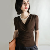 Summer Thin Women Crossed V Neck Mesh T Shirts Lady Elegant Elastic Base Folds Tops Tees Female Half Sleeve