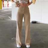 Khaki Casual High Waist Jeans Women Pocket Elegant Straight Denim Trousers Fashion Solid Pants Capris Summer