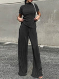 Fashion Women's 2 Pcs Set Pleated New Round Neck Loose Short Sleeve Tops And Highwaist Straight Pants Female Summer