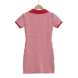 Zingj Trend Women's Lapel Small Diamond Lattice Single-Breasted Short-Sleeved Lapel Skirt Knitted Breasted