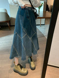 2022 Summer Korean Fashion Blue Denim Midi Long Skirt Women High Waist A Line Jeans Skirt