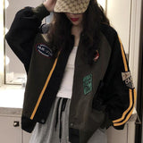 retro handsome green stitching women jacket Y2K oversized long-sleeved bomber jacket loose jacket for women winter