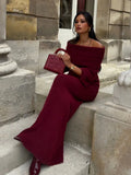 Burgundy Off Shoulder Fold Knit Midi Dress- Outfit