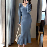 Elegant Mermaid Sweater Long Dress Women Vintage V-neck Knitted Warm Y2K Dress Korean Casual Chic Dress for New Year