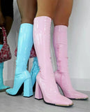 Square Toe Chunky Heel Bright Leather Boots-Outfit