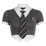 2025 New College Style Fake Two Splicing Collar Short Umbilled Short-Sleeved