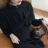 Long Sleeve Elegant Autumn Bodycon Dress Women Women's Spring Slimming Pleated Stand Collar Midi Dress Dresses