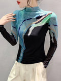 S-4XL Half Turtleneck Long Sleeve Mesh Positioning Printing T-shirt Women's Fashion Slim Fit Bottoming T Shirts Trend
