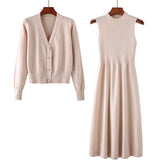 new spring and autumn long-sleeved v-neck top two-piece suit sweater dress wild loose knit cardigan