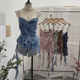 Real Shoot Spice Girl Swing Network Yarn Print Sling Vest Retivating Lotus Leaf Side Ribbon Short Top