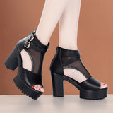 Hollowed-Out Net Boots Women's 2024 Summer Fashion Fish Mouth Sandals Large Size High-Heeled Thick-Soled Roman