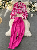 Fashion Printed Suits Women Bow Collar Lantern Sleeve Floral Blouse+Belt Solid Long Pants Streetwear Senior