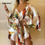 Women Elegant Dresses Sexy V Neck Lace-up Floral Print Mini Dress Casual Flared Sleeves Irregular Ladies Party