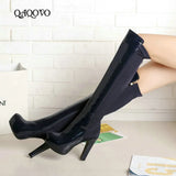 Women Fashion Knee High Boots Patent Leather Square High Heels Platform Zipper Boots Autumn Winter Woman Shoes Big Size