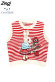 Knit Vest Sweater Women Fashion 2023 Spring Casual Vintage Pullovers O-Neck Cute Cartoon Rabbit Print Streetwear