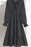 Women Floral Chiffon Dress Autumn Winter Long Sleeve Elastic Waist Bow Collar Casual Elegant Party Office Dresses