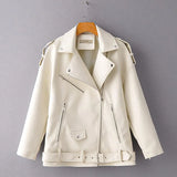 Autumn Women Loose Leather Jackets Turndown Collar Rivet Epaulet Zipper Biker Overcoat Female Faux Soft Leather