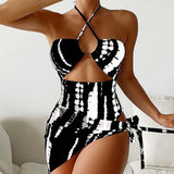 2025 New Digital Print Lady Sexy Conjoined Neck Triangle Mesh Three-Piece Set Hollow