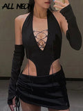 Mall Goth Y2k Bandage Trim Cut Out Black Co-ord Suit Sexy Clubwear Deep V Halter Bodysuits Ruched Mini Skirt 2 Piece
