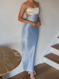 Women Slim Long Dress Adjustable Strap Back Tie-up High Waist Low Cut Contrast Color Dress Wedding Party Club
