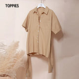 Summer Imitation linen Shorts Pants Sets Woman Leisure Fake Sleeve Belt Shirts High Waist Shorts Wide Leg