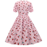 Puff Sleeve Women Party Swing Dress Cherry Print Retro Audrey Hepburn 1950s 60s Rockabilly Pinup Ball Grown Robe