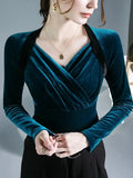TShirt Women Full Sleeve Vintage Crossed V Neck Tee Shirts Lady Stretchy Soft Fashion Base Tops T-shirts For