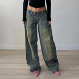 Zingj Wind Do Old Wash Water Division Casual Jeans Low Waist Straight Tube Loose Show Thin Casual