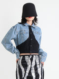 Zingj Vintage Denim Jacket Autumn 2024 New Fashion Lapel Splicing Single Breasted Long Sleeved Short Jacket