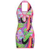 Summer Printed Sexy Backless Bodycon Mini Dress Cut Out V Neck Short Tank Dresses Women Fashion Streetwear