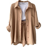 Women's Wrinkle Collar Long-Sleeved Shirt High-Waisted Rope Shorts Fashion Casual Two-Piece