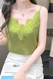 Korean Fashion Silk Women Camis Streetwear Satin Sexy Tops Lace Sleeveless White Female Tank Tops Blouse OL Woman