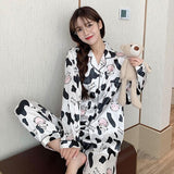 Sleepwear spring Pajamas Set for women Fake Silk Print Sweet Pijama Set Girl Nightgown Loose Waist Long Pant Silk