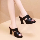 Word Wearing Slippers Women 2025 Summer New Soft Leather High And Thick And Cool Slippers Women Thick Bottom Waterproof Waterproof Platform Cool