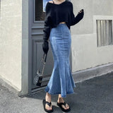 Fashion Split Long Denim Skirt for Women 2022 Summer High Waisted Mermaid Skirts Woman Package Hip Flare Skirt Female