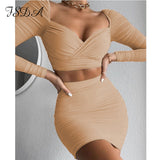 2021 Two Piece Set Long Sleeve Crop Top And Bodycon Mini Skirt Ruched Women Set Autumn Sexy White Club Outfit
