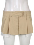 Khaki Low Waist Casual Micro Skirt Y2K Aesthetic Preppy Style Pleated Skirts Womens Vintage Patchwork Korean Skirt
