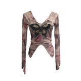 Real Shooting Amount Of Bumpy Tulle Spliced Denim Butterfly Design Sunscreen Coat V Collar Short T-Shirt
