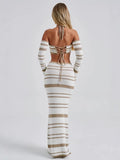 New Hottie Women's Suit Summer Striped Long-Sleeved Hanging Neck Top Skirt Two-Piece