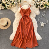 2022 Summer Women Satin Slip Dress Backless Spaghetti Strap Bow Tunic Belted Elegant Vacation Sexy Party Midi