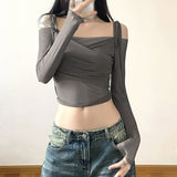 Women Solid Slash Neck Crop Tops Sexy Off Shoulder Straps Long Sleeve T-Shirts Slim Mesh Tees Y2K