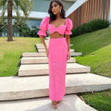 Elegant Two Piece Set for Women 2023 Casual Tassel Retro Women's Clothing Puff Sleeve Short Top Long Skirt Women's